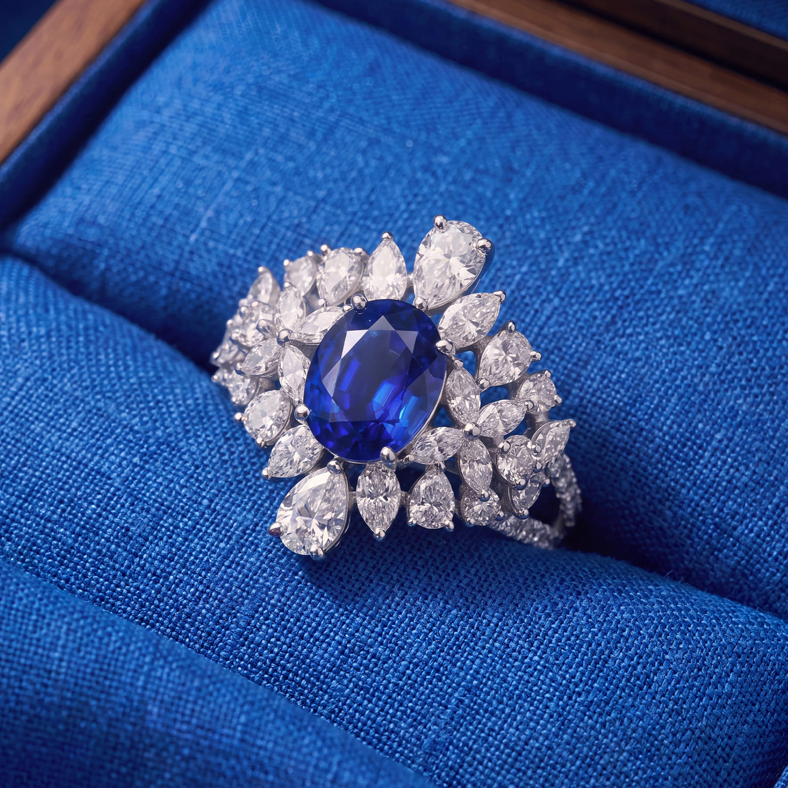 The Royal Bloom Ring is handcrafted in white gold and features a magnificent oval blue sapphire embraced by an elegant composition of pear, marquise and brilliant-cut natural diamonds arranged in a blooming floral design. Combining exceptional brilliance with timeless elegance, this remarkable ring reflects the artistry and refinement of true high jewelry.
